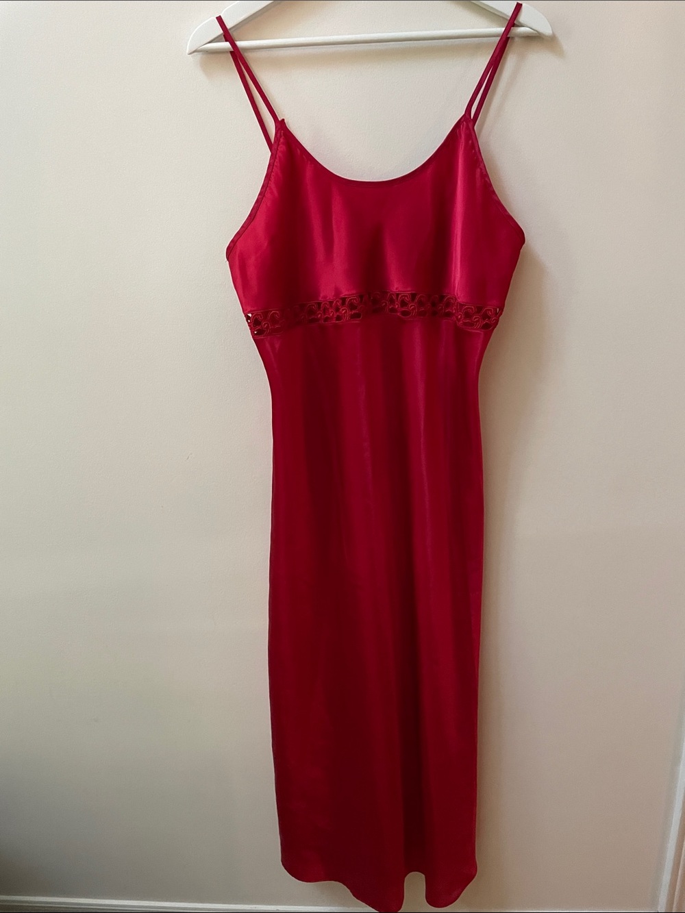 Vintage Red Satin Long Slip Dress crochet empire waist 90s
